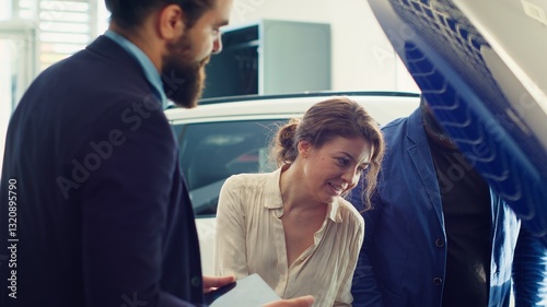 Salesman showing components under car hood to customers, hoping to close deal. Showroom agent trying to persuade clients to make purchase by presenting parts used make vehicle, camera A