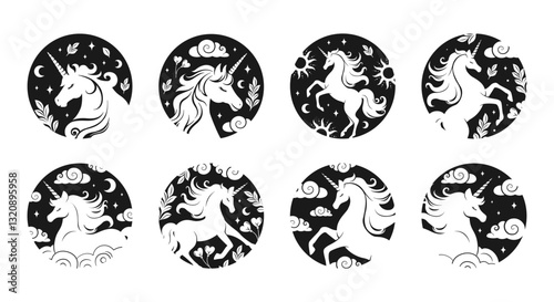 Unicorn silhouette in a circle stamp set. Fantasy magical mystic horse tattoo clipart set. Product design t shirt sticker print.