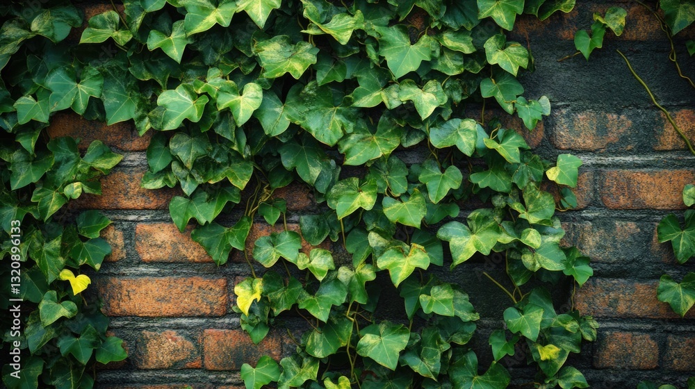 Obraz premium Green ivy leaves growing and covering a weathered brick wall