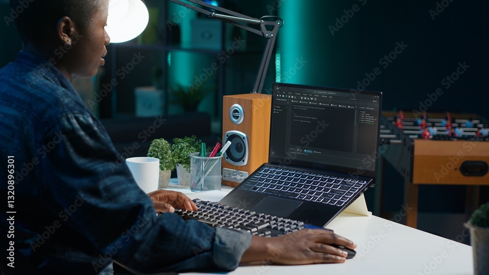 Freelancing admin in home office using laptop to write programming language code. Software technician working from home using notebook device to build application, camera A Freelancing admin in home office using laptop to write programming language code. Software technician working from home using notebook device to build application, camera A