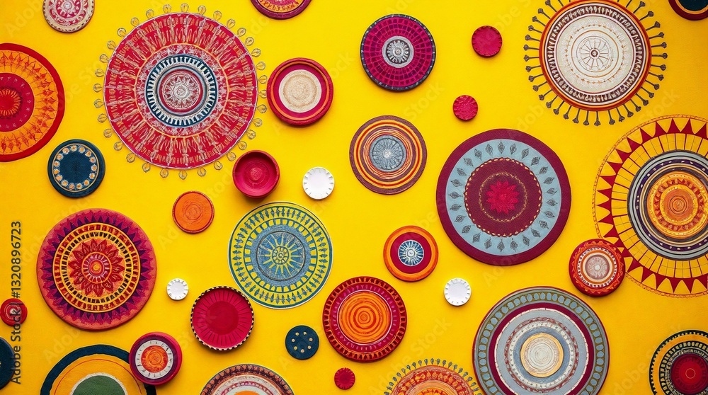 Fototapeta premium Colored decorative circles on a bright yellow surface in a bright artistic design, background, copy space