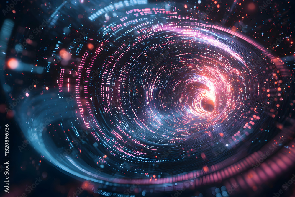 Obraz premium 3D depiction of abstract technology with binary swirls in a dynamic, unpredictable space.
