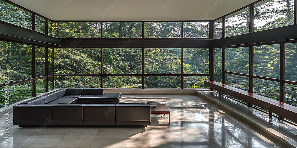 Fototapeta premium Modern living room with floor-to-ceiling windows overlooking a lush green forest.