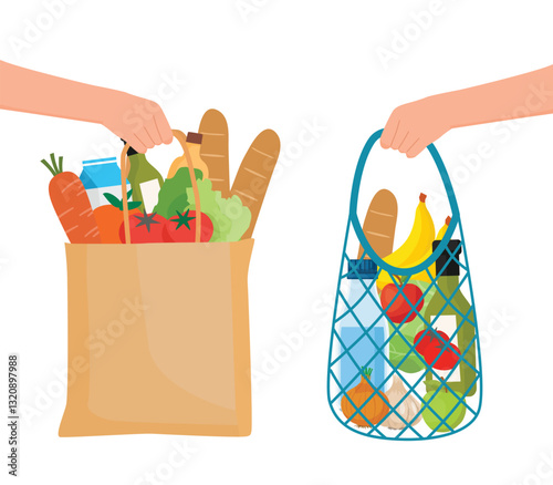 Hand holding grocery shopping paper bag with foods and drinks products delivery service