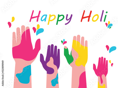 Holi Festival and many colorful hands .Various colored powder coatings. Indian festival of colors. Vector illustration