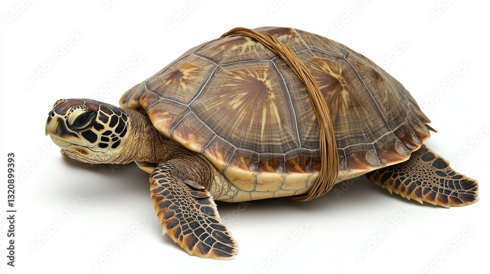 Obraz premium Brown Sea Turtle Bound with Rope on White Background