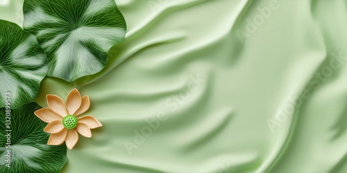 material science coatings concept. Serene lotus flower on soft green fabric background.