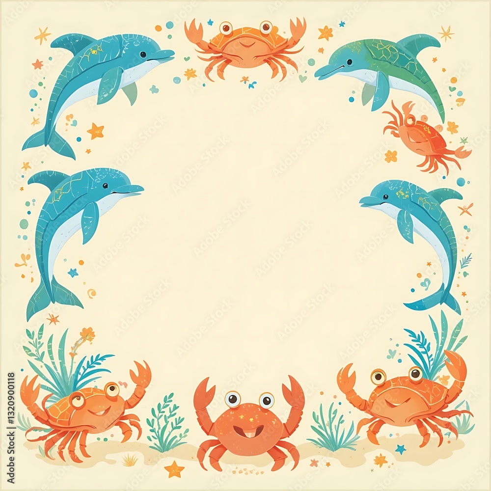 Obraz premium Cartoon Dolphins and Crabs Frame with Copy Space for Kids Design