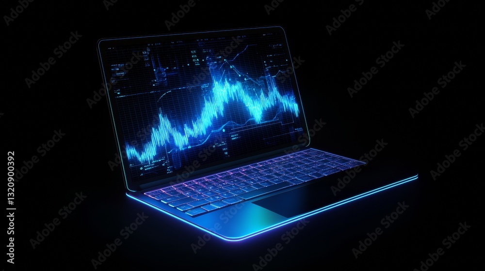 A 3D-rendered illustration of a futuristic laptop displaying a rising candlestick chart and an upward arrow, symbolizing online trading, financial growth, stock market analysis, and digital investment