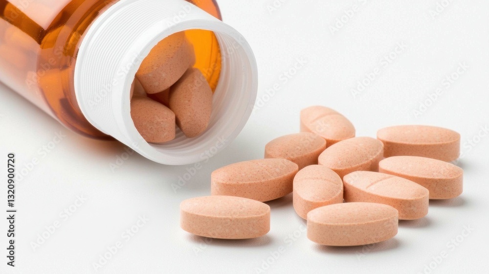 Light Brown Oval Pills Spilling from Amber Bottle onto White Surface Light Brown Oval Pills Spilling from Amber Bottle onto White Surface