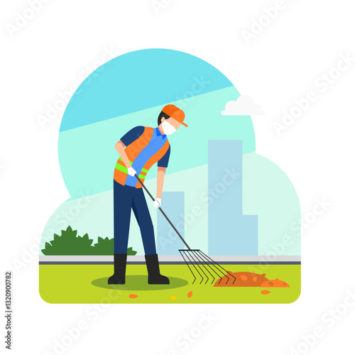 garbage worker or janitor sweeping and cleaning litter and leaves