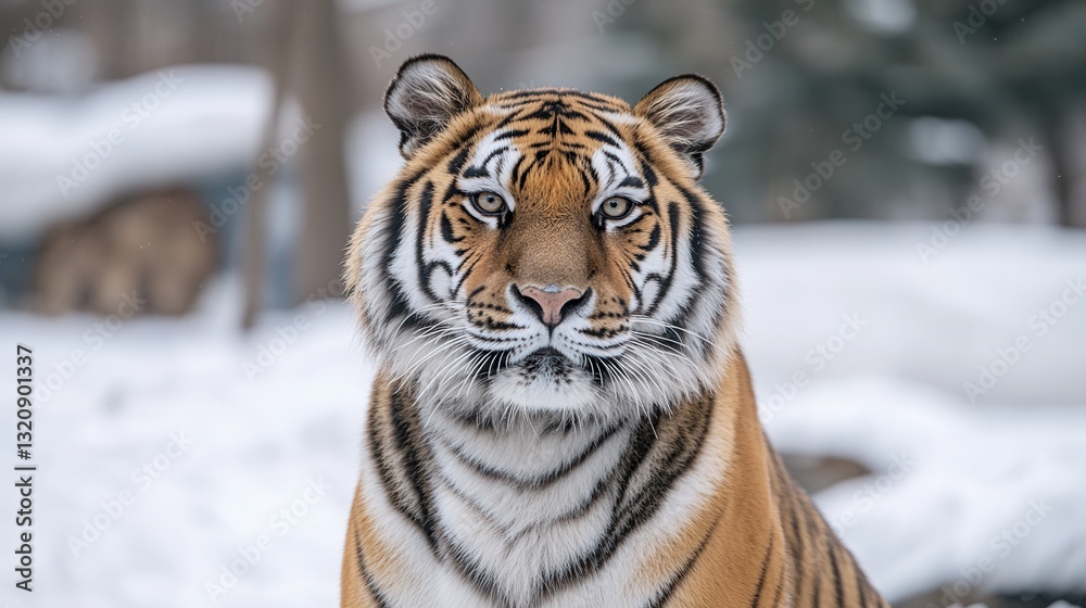 Obraz premium Majestic tiger gazes intently at the camera with striking fur and focused expression in a blurred snowy background