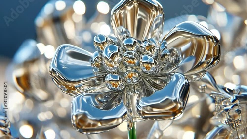 Detailed close-up of a shiny metallic flower showcasing intricate petal design and reflections in bright light