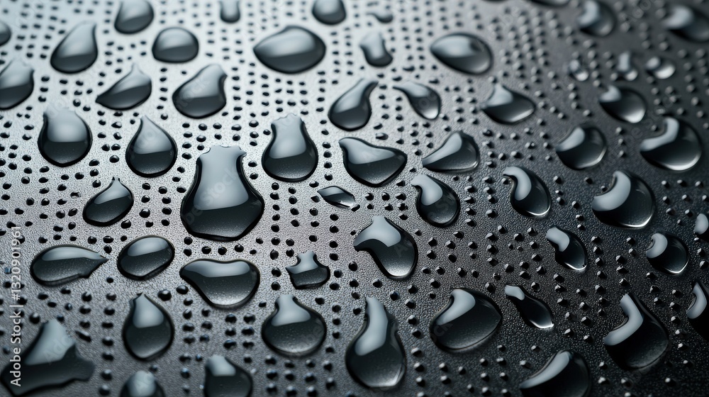material science coatings concept. Water droplets on a textured black surface create a striking visual effect. material science coatings concept. Water droplets on a textured black surface create a striking visual effect.