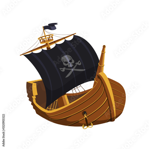 Wooden pirate ship with black sail featuring skull and crossbones. Classic pirates boat for kids party, poster, banner. Cartoon vector illustration.