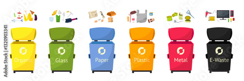 Recycling bins set for waste sorting: glass, organic, paper, metal, plastic and e-waste. Color-coded trash containers. Flat vector illustrations for environmental awareness and waste management.