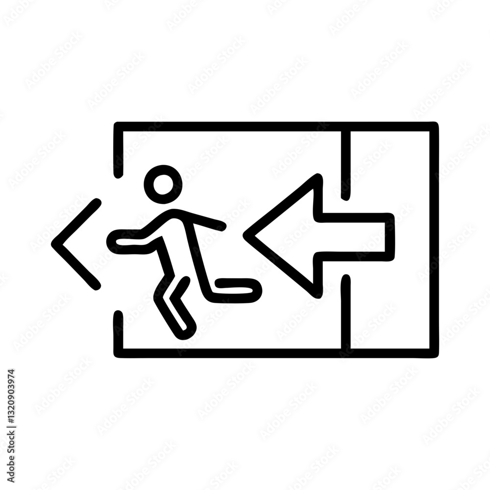 Minimalist emergency exit sign with figure running towards the exit, conveying safety and evacuation Minimalist emergency exit sign with figure running towards the exit, conveying safety and evacuation