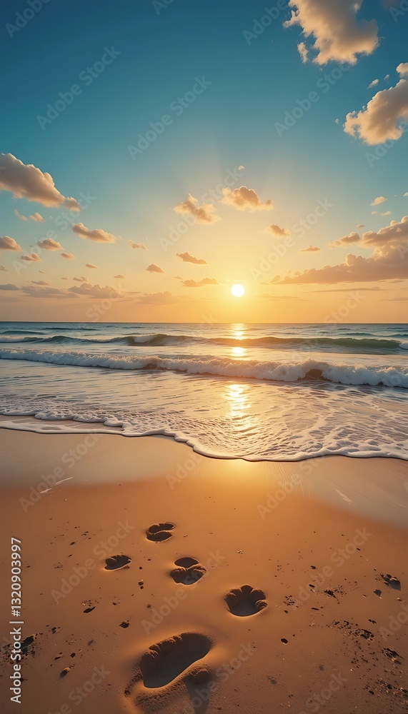 Obraz premium Footprints on Sandy Beach at Sunset with Ocean Waves and Clear Sky