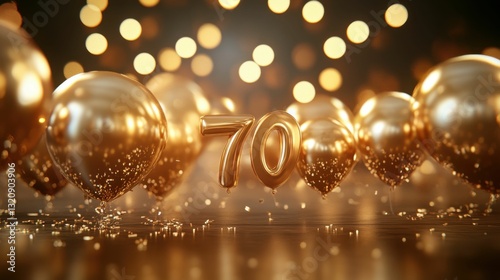 Happy 70th Birthday Gold Greeting Background. 3D Rendering with Number 70 Decoration photo