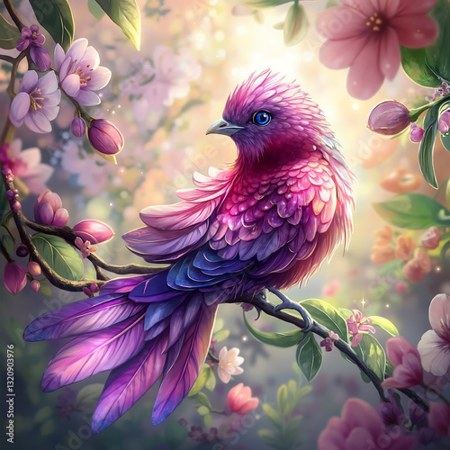 Colorful fantasy bird with dreamy mood resting on blooming branches