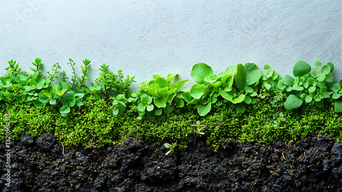 Fresh green plants growing from fertile soil, minimal style, natural colors, eco gardening concept