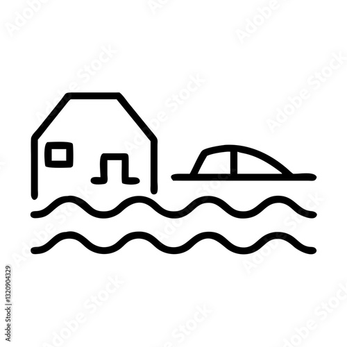 Minimalist line drawing of a flooded street with a house and a car, symbolizing flood impact and water damage