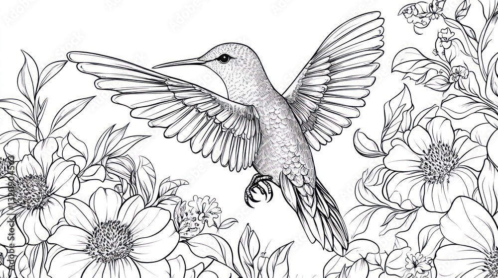 Obraz premium Hummingbird in flight amidst blooming flowers. Coloring page