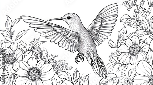 Wallpaper Mural Hummingbird in flight amidst blooming flowers. Coloring page Torontodigital.ca