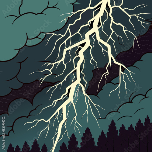 Illustration of a lightning strike illuminating the dark stormy sky over a forest