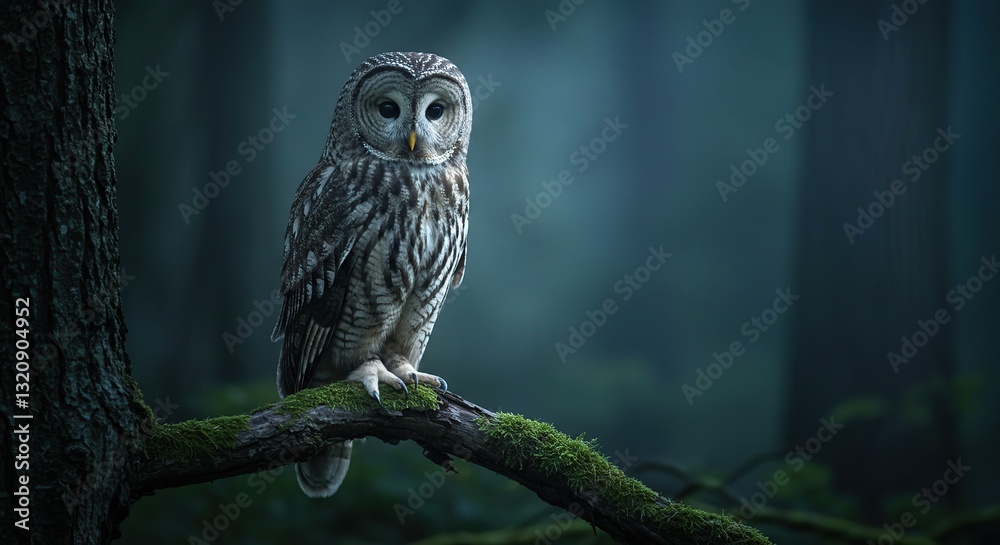 Fototapeta premium Barred Owl Perched Elegantly in Misty Forest