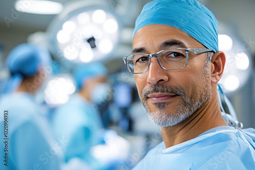 A male surgeon wearing glasses, a surgical mask, and blue scrubs stands in an operating room equipped with modern technology, reflecting expertise and attentiveness in his role.