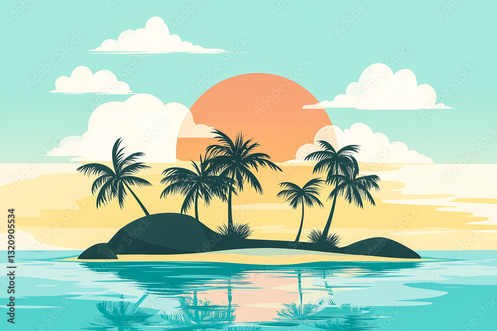 Obraz premium Tropical Beach Island Palm Tree Ocean Summer Vacation Illustration