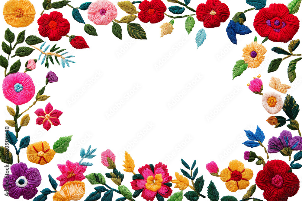 Embroidered frame with Mexican folk floral art isolated on transparent white background Embroidered frame with Mexican folk floral art isolated on transparent white background