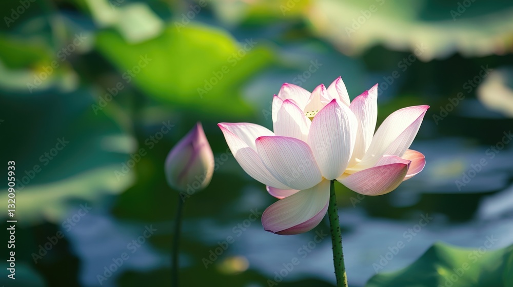 Obraz premium A beautiful opened lotus flower and a bud is shown here