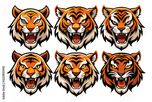 Set of Six Fierce Tiger Head Illustrations - Vector Mascot Logo Design