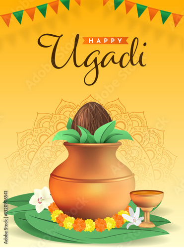 Happy Ugadi. Template greeting card for holiday Ugadi. Gold pot with creative kalash