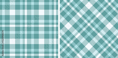 Cool Dull Teal Seamless Tartan with Soft Pale Sky Blue accents Fabric Design