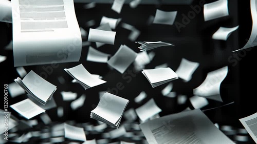 Papers flying in a dark space, creating a dynamic sense of movement