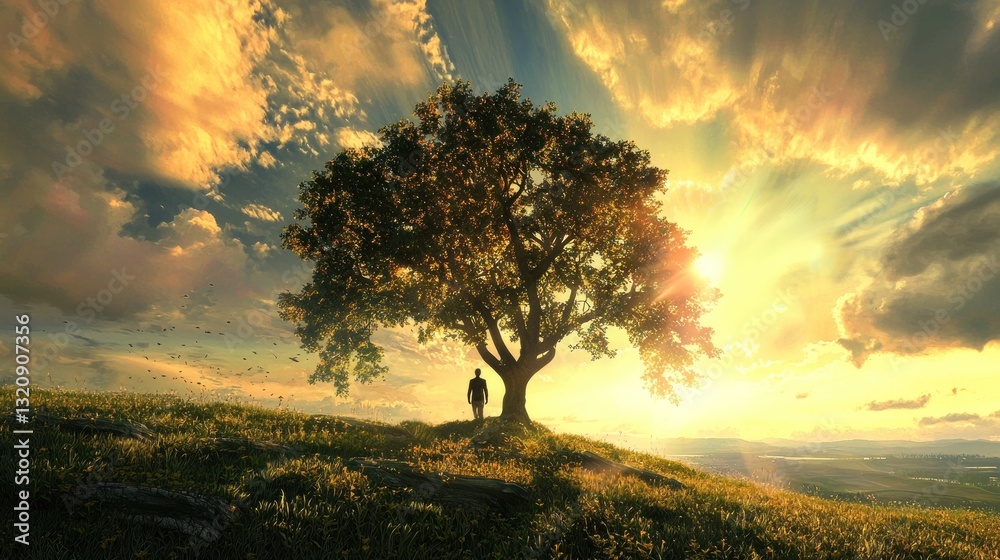 Fototapeta premium Solitary Figure at Sunset, Contemplation Under a Majestic Tree