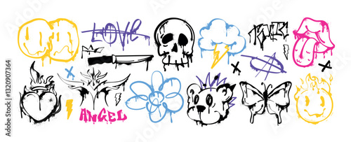 Spray paint graffiti element set. Street art gothic skull head icon, flaming heart, open mouth with tongue, punk rock bear. Grunge ink stickers, lightning cloud, trippy melting smile faces with drips