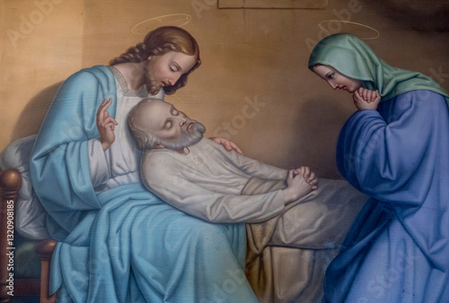 Puget Theniers, FRANCE, 02-17-2025: Painting (19th century) of Death of Saint Joseph surrounded by Mary and Jesus.