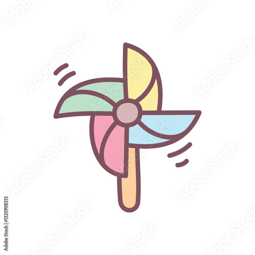 Cute pinwheel icon. Hand drawn illustration of a colorful paper windmill toy isolated on a white background. Kawaii sticker. Vector 10 EPS.