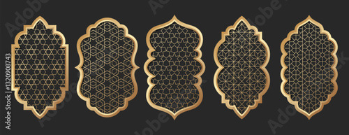 Gold islamic window shapes. Golden frames with traditional arabic ornament. Mosque arches, ramadan kareem doors, gates on black background. Muslim architecture design elements, moroccan luxury borders