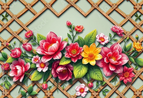 Intricate latticework interwoven with stylized blooming flowers, forming a vibrant geometric floral design, plant, vintage