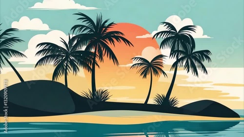 Wallpaper Mural Tropical Beach Island Palm Tree Ocean Summer Vacation Illustration Torontodigital.ca