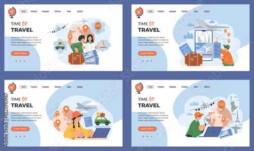 Travel landing page. tourists planning self adventure concept pictures for web pages templates