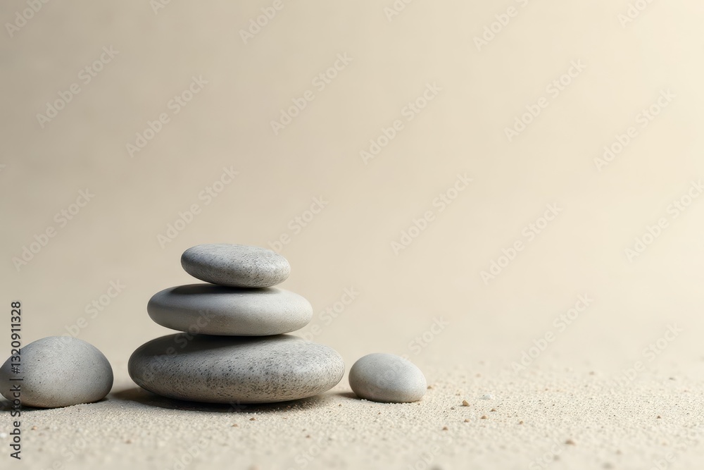 Smooth, grey sea stones on abstract beige background, beach, water Smooth, grey sea stones on abstract beige background, beach, water