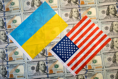 American flags, donations, assistance to the Ukrainian military, war in Ukraine, Land Liz concept. dollars banknotes and Ukrainian, Earning money in the Ukrainian war.