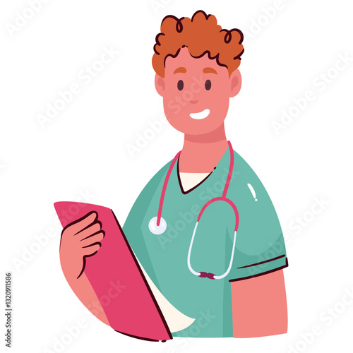 Male doctor with stethoscope and clipboard cartoon portrait. Funny happy young medical specialist working in hospital, doctor with smile. Cartoon avatar of general practitioner vector illustration