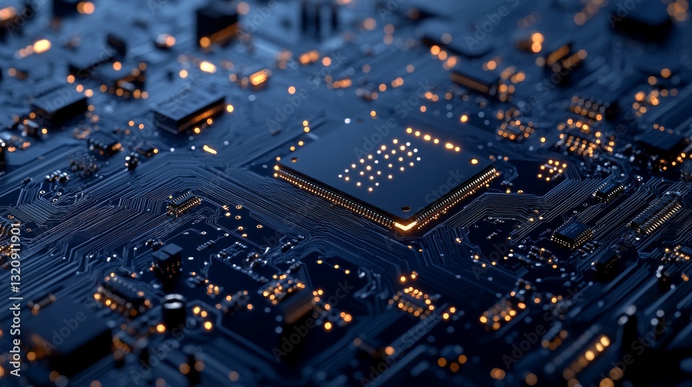 Obraz premium Abstract AI circuit board in dark blue background. High-tech electronics board digital technology. Isometric electronic motherboard background. Vector illustration.